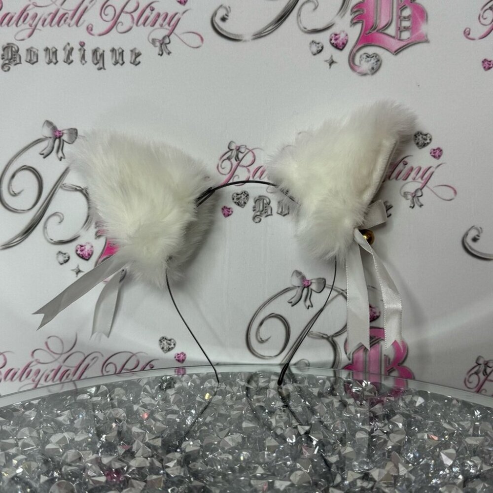 Furry Cat Ear Headband bells moveable ears furry fur white